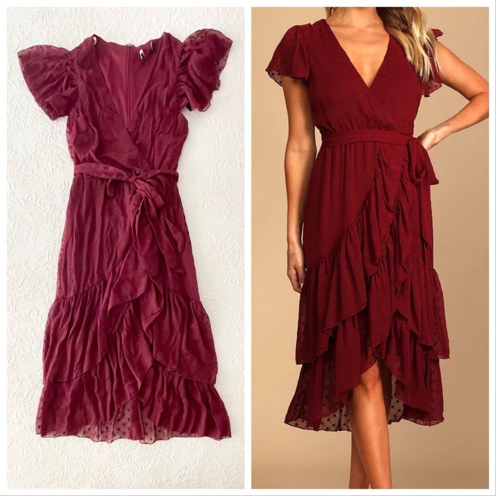 Lulu's Burgundy Ruffled Wrap Midi Dress